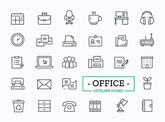 Vector office icons. Thin line signs of team, printer, fax, mail, clock, paper stickers, computer, chat, headphones