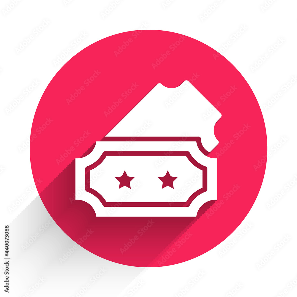 Poster white ticket icon isolated with long shadow. amusement park. red circle button. vector