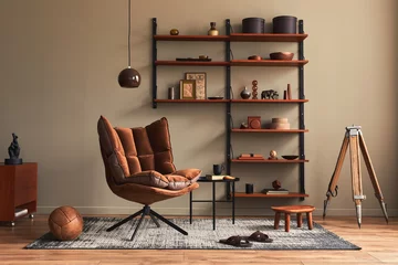 Fotobehang Hotel chique Stylish interior of living room with design brown armchair, wooden bookcase, pendant lamp, carpet decor, picture frames and elegant personal accessories in modern retro home decor. Template.  © FollowTheFlow