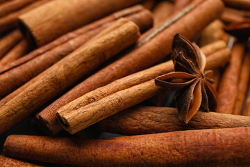 Many cinnamon sticks, closeup view