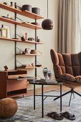 Interior design of living room with brown armchair, coffee table, wooden shelf, book, picture frame, decoration and elegant personal accessories in home decor. Template.