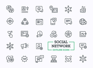 Social Network Icons Set. Vector Thin Line Elements of Profile, Connection, Information, Rating 