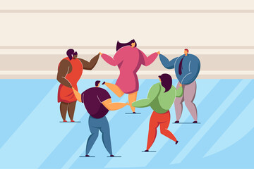 Group of people in round dance. Flat vector illustration. Multinational friends holding hands and dancing together. Multicultural society, friendship, dance concept for banner design, landing page