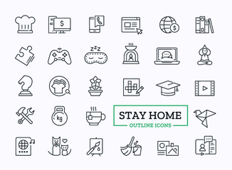 Home leisure outline icons. Thin line signs of cooking, computer game, spa, online chat, movie, yoga, online work, education, meditation. Work remotely