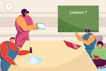 Teacher and students using gadgets on lesson. Flat vector illustration. Children sitting in classroom around table, looking at computer, smartphones. Education, learning, school, technology concept