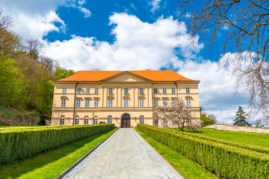 Boskovice empire state chateau, front view. Summer weather with blue sky.