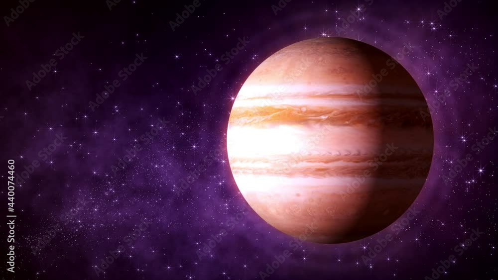 Poster rotating jupiter planet and the glow of the atmosphere on dark purple shiny twinkling starry outer s