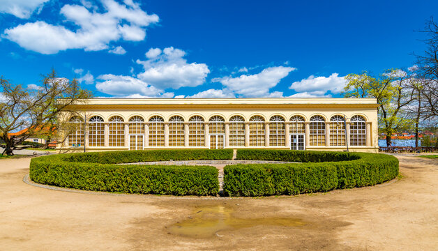 Greenhouse near Boskovice castle, South Moravia region - Czech Republic. Ancient historical heritage. Summer day, blue sky.