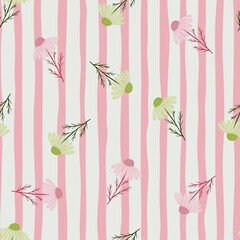 Blossom seamless pattern with meadow green and pink random camomile flowers print. Pink striped background.
