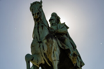 Equestrian Statue of Kaiser Wilhelm I on a spring day with white pollen in the air  - obrazy, fototapety, plakaty