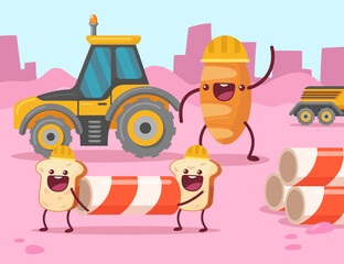 Toast characters carrying striped pillar on construction site. Bread foreman commanding team of workers, yellow tractor, heavy machinery cartoon vector illustration. Construction, industry concept