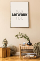 Elegant composition of living room with design chaise longue, mock up paintings, plaid, flower,...