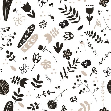Doodle seamless pattern with forest and meadow plants. Black and beige on a white background. Hand drawn abstract