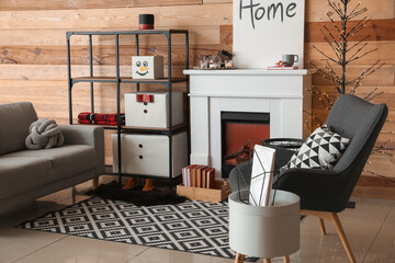 Interior of living room with decorative snowman