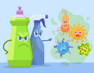 Angry detergent characters scolding bacteria. Disinfectant chemical products for laundry or toilet preventing infection, germs cartoon vector illustration. Virus prevention, hygiene concept