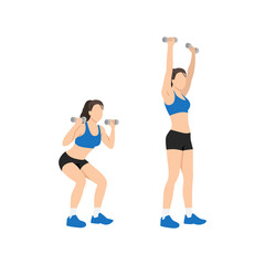 Fototapeta premium Woman doing Dumbbell squat thrusters. Squat to overhead press exercise. Flat vector illustration isolated on white background
