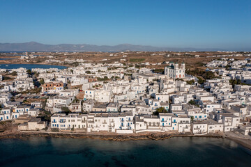 Naklejka premium Paros island, Naousa cityscape aerial drone view. Greece, Cyclades.