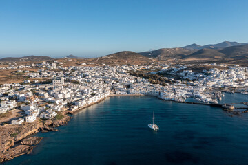 Paros island, Naousa cityscape aerial drone view. Greece, Cyclades.