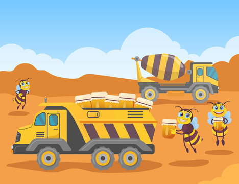 Cute bee characters loading jars with honey into truck. Black and yellow insects with wings on construction site cartoon vector illustration. Construction, agriculture, transportation, concept