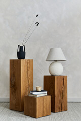 Creative composition of stylish modern spacious living room with wooden cubes, carpet, lamp, black design vase, white lamp and small personal accesories. Details. Copy space. Template.
