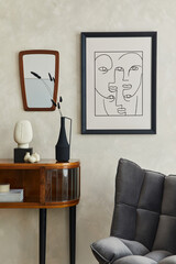 Stylish composition of creative living room interior with mock up poster frame, mirror, wooden...