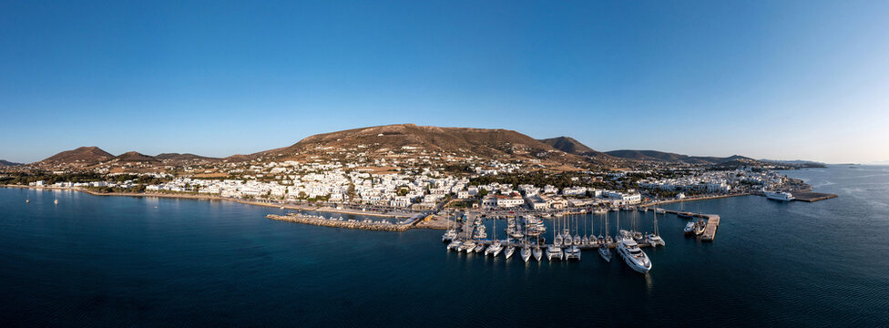 Paros island, Parikia cityscape panorama aerial drone view. Greece,  Cyclades.