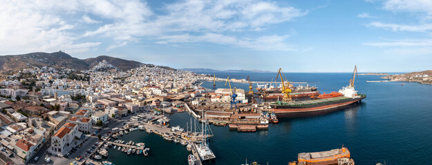 Syros island, Hermoupolis cityscape panorama aerial drone view. Greece,  Cyclades.