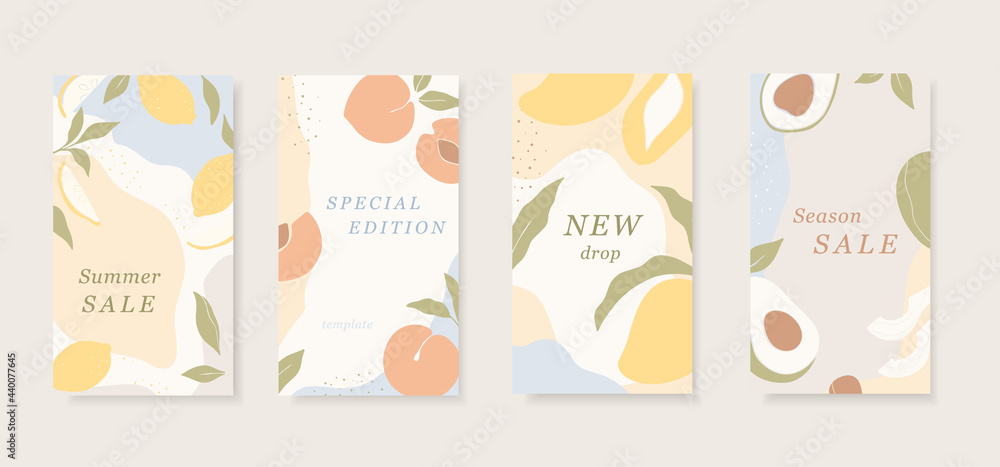Poster set of abstract vector backgrounds with copy space for text. simple shapes of fruits. trendy stories