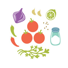 Fresh raw ingredients for salsa or pico de gallo. Round vector illustration isolated on white.