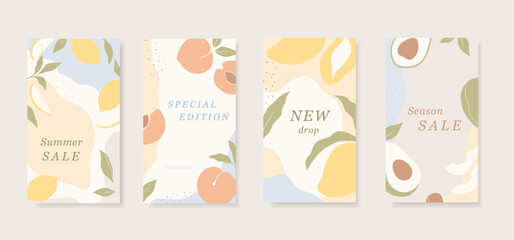 Set of abstract vector backgrounds with copy space for text. Simple shapes of fruits. Trendy stories wallpapers in pastel colors. Summer sale banners set. - 440077645