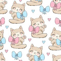 Cute Cat with Bow vector Sketch Seamless pattern, Print Design Kitty, children print on t-shirt.