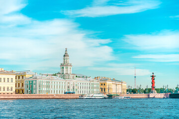 Naklejka premium The building of the Kunstkamera Museum with the embankment in St. Petersburg in the summer