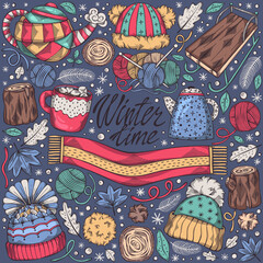 Colorful hand drawn set of winter elements - snowflakes, hat, scarf, knitting and others. Isolated cozy symbols of winter time