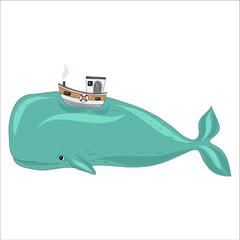 A large blue whale with a boat on its back. Fabulous vector illustration. Keith hipster, tropical fantasy - obrazy, fototapety, plakaty