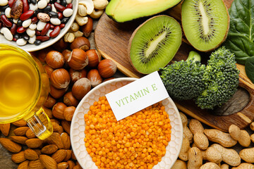 Healthy products rich in vitamin E, closeup