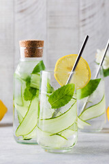 Detox water with cucumber, mint and lemon juice. Cucumber water.