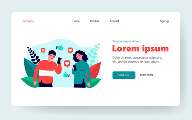 Obraz na płótnie Canvas Happy man and woman watching likes in social media. Smartphone, thumb up, internet flat vector illustration. Communication and digital technology concept for banner, website design or landing web page
