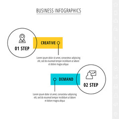 Thin line vector infographics with two circles and labels. Timeline template with 2 steps for the app, business, website, interface, chart, levels, web, diagram, banner, presentations