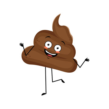 Cute shit character with emotions dancing, smile face, arms and legs. The funny, happy or smile hero, joyful turd with eyes. Vector flat illustration