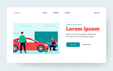 Obraz na płótnie Canvas Mechanic examining and repairing red car. Worker in overall with spanner in garage flat vector illustration. Transport, maintenance, service concept for banner, website design or landing web page