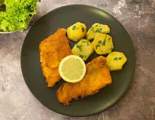 Breaded pike perch fillets with parsley potatoes and mixed pick salad, lollo bionda, lollo rosso and rocket with vinaigrette.