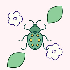 Cute bug with flowers. Flat vector illustration.