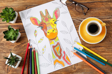 Composition with coloring picture on wooden background - Powered by Adobe