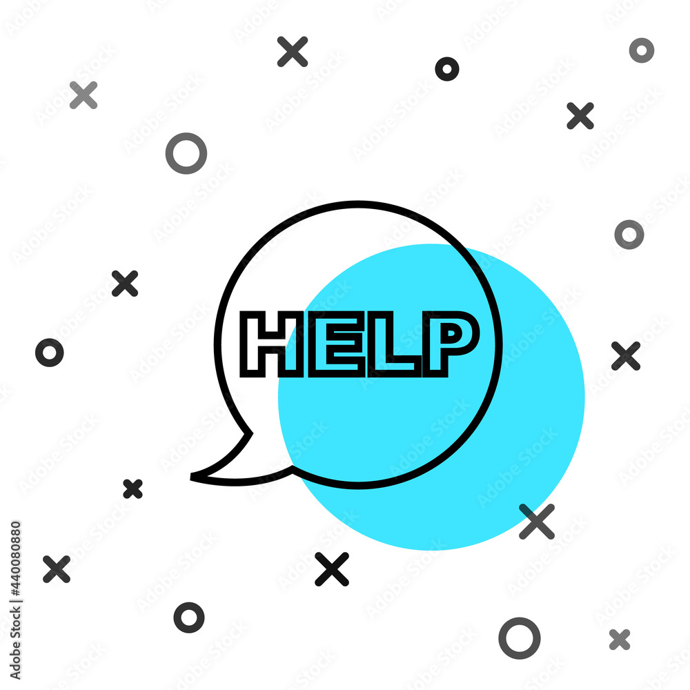 Poster black line speech bubble with text help icon isolated on white background. random dynamic shapes. ve