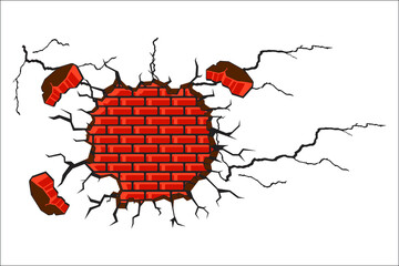 Abstract cracked and perforated wall vector design. Broken wall abstract background. Vector illustration. Hollow walls under old plaster. Brick wall hole cut.