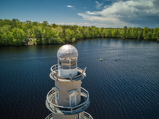 Aerial Drone image of the Lenape Lake Lighthouse in New Jersey