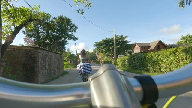 First-person bike ride on La Digue island in Seychelles, tropical atmosfera.