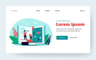 Tiny kids exploring universe with help of book. Adventure, planet, star flat vector illustration. Reading and education concept for banner, website design or landing web page