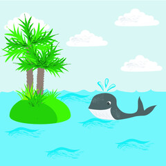 Fototapeta na wymiar Illustration of a tropical island with trees and whale