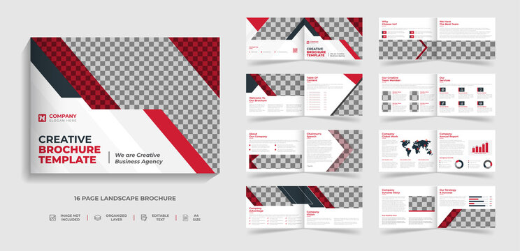 Bifold 16 page corporate modern landscape brochure template & annual report design with red and black creative shape